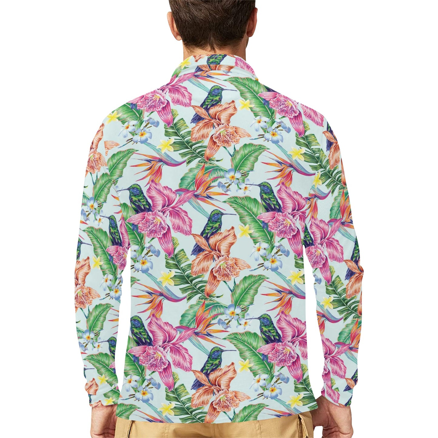 Hummingbird Tropical Pattern Print Design 05 Long Sleeve Polo Shirt For Men's