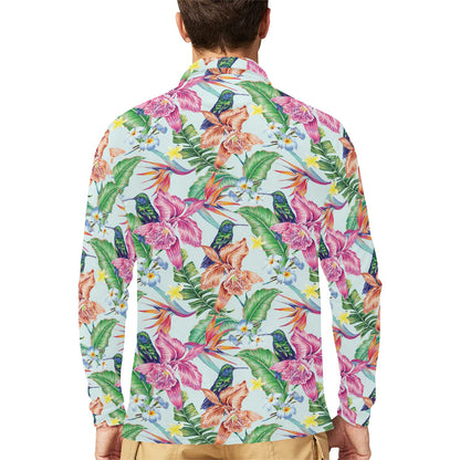 Hummingbird Tropical Pattern Print Design 05 Long Sleeve Polo Shirt For Men's