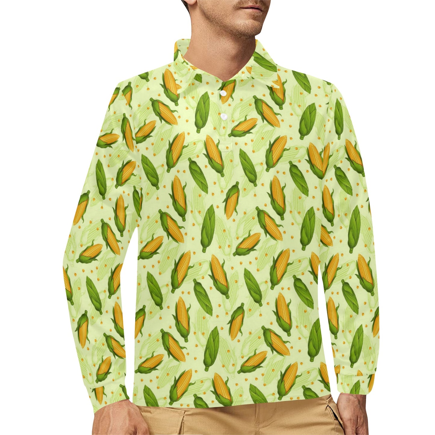 Agricultural Fresh Corn cob Print Pattern Long Sleeve Polo Shirt For Men's