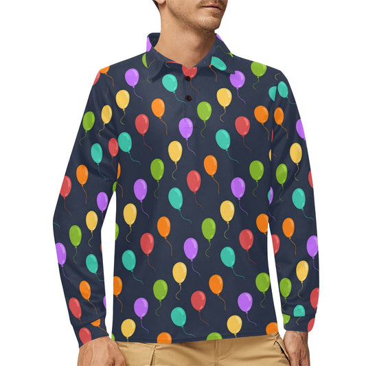 Ballon Colorful Pattern Print Design 03 Long Sleeve Polo Shirt For Men's