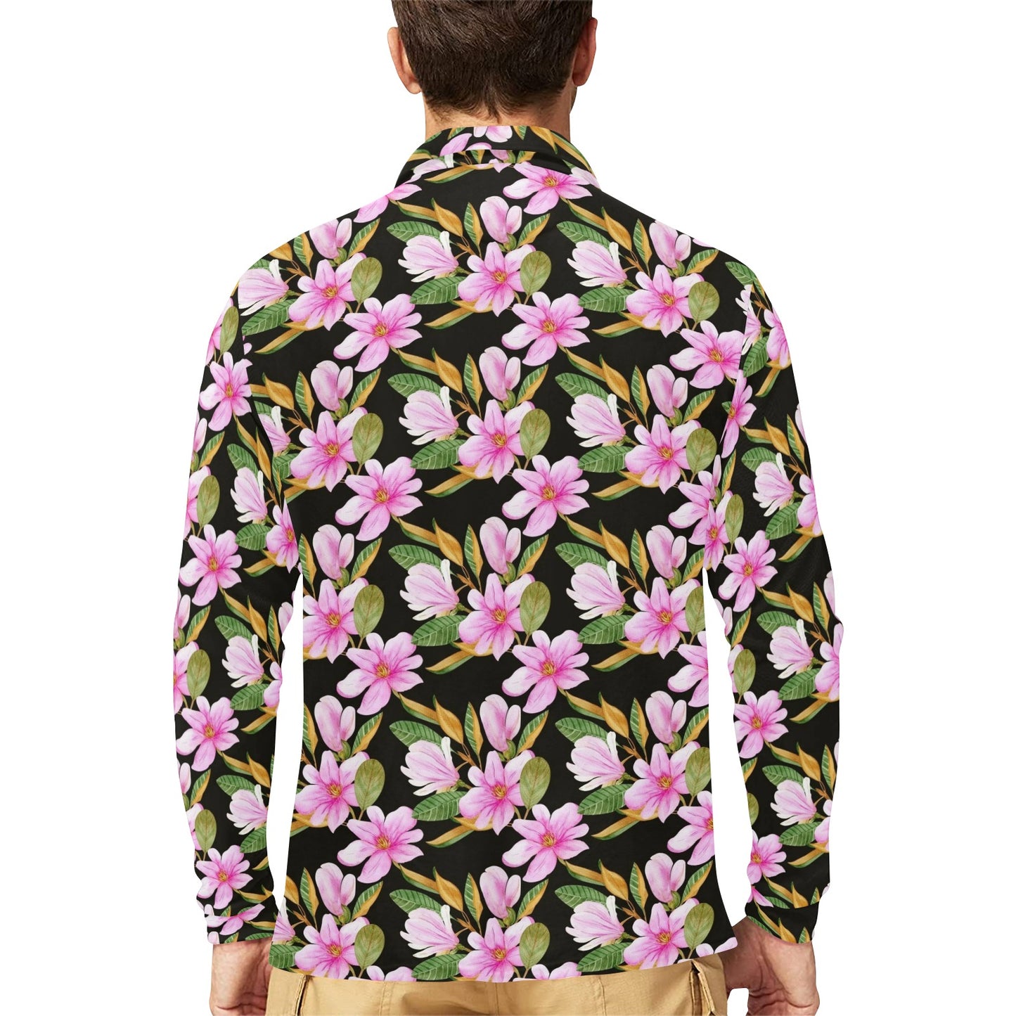 Magnolia Pattern Print Design MAG08 Long Sleeve Polo Shirt For Men's