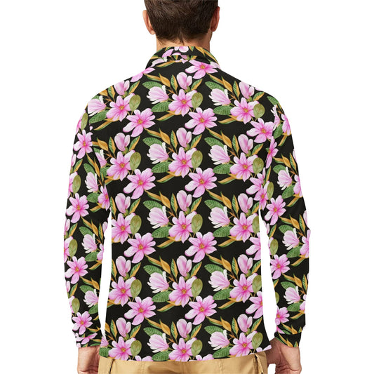 Magnolia Pattern Print Design MAG08 Long Sleeve Polo Shirt For Men's