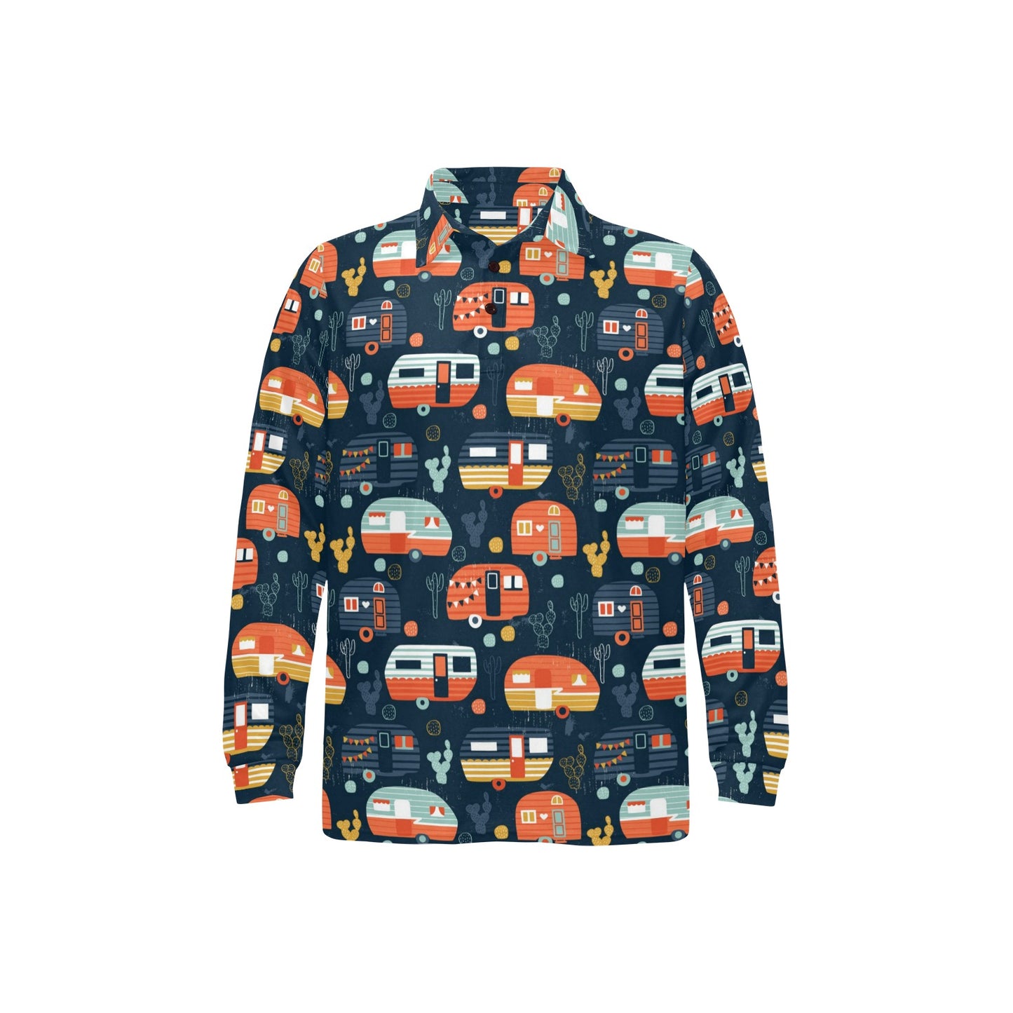 Camper Caravan Print Pattern Long Sleeve Polo Shirt For Men's