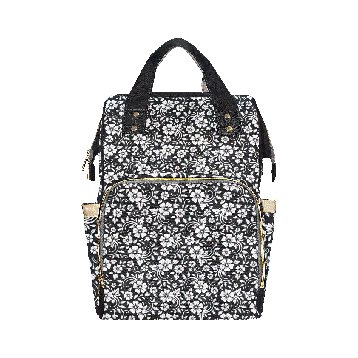 Floral Black White Themed Print Diaper Bag Backpack