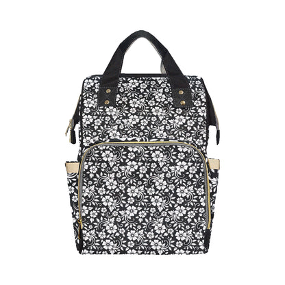 Floral Black White Themed Print Diaper Bag Backpack