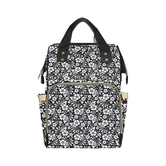 Floral Black White Themed Print Diaper Bag Backpack