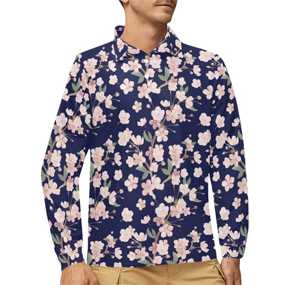 Sakura Print Design LKS301 Long Sleeve Polo Shirt For Men's