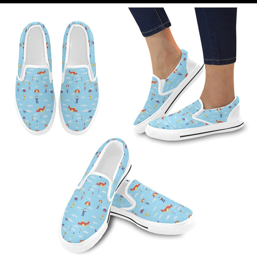 Skydiver Print Design LKS304 White Slip Ons Canvas Women's Shoes
