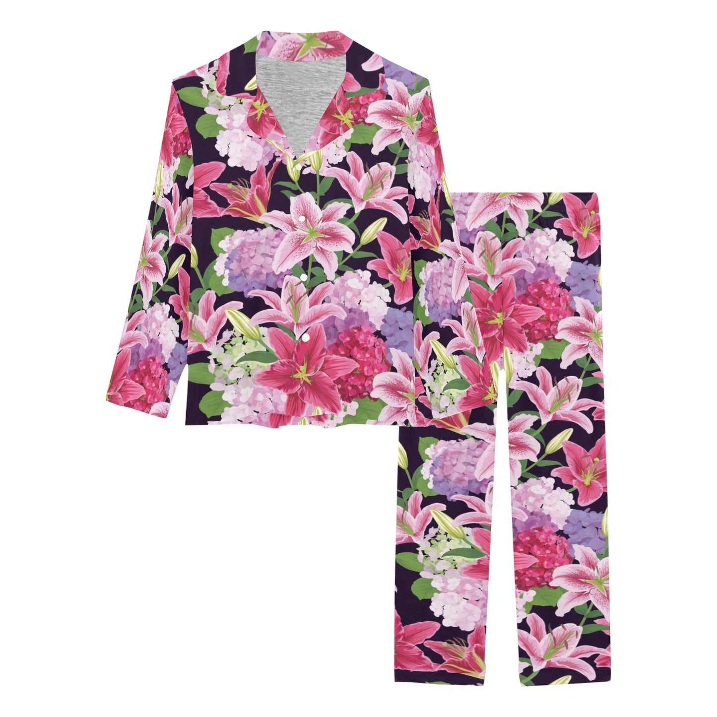 Lily Pattern Print Design LY017 Women's Long Pajama Set