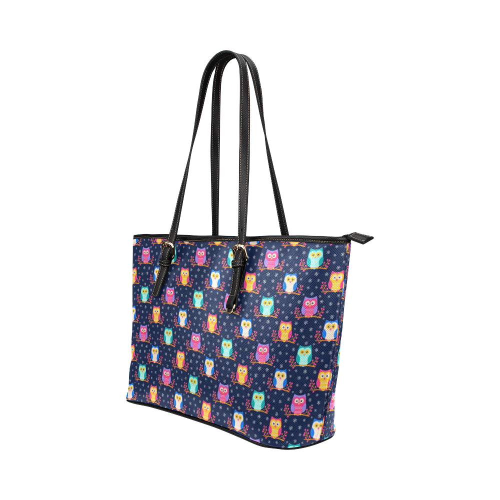 Owl Cute Themed Design Print Leather Tote Bag