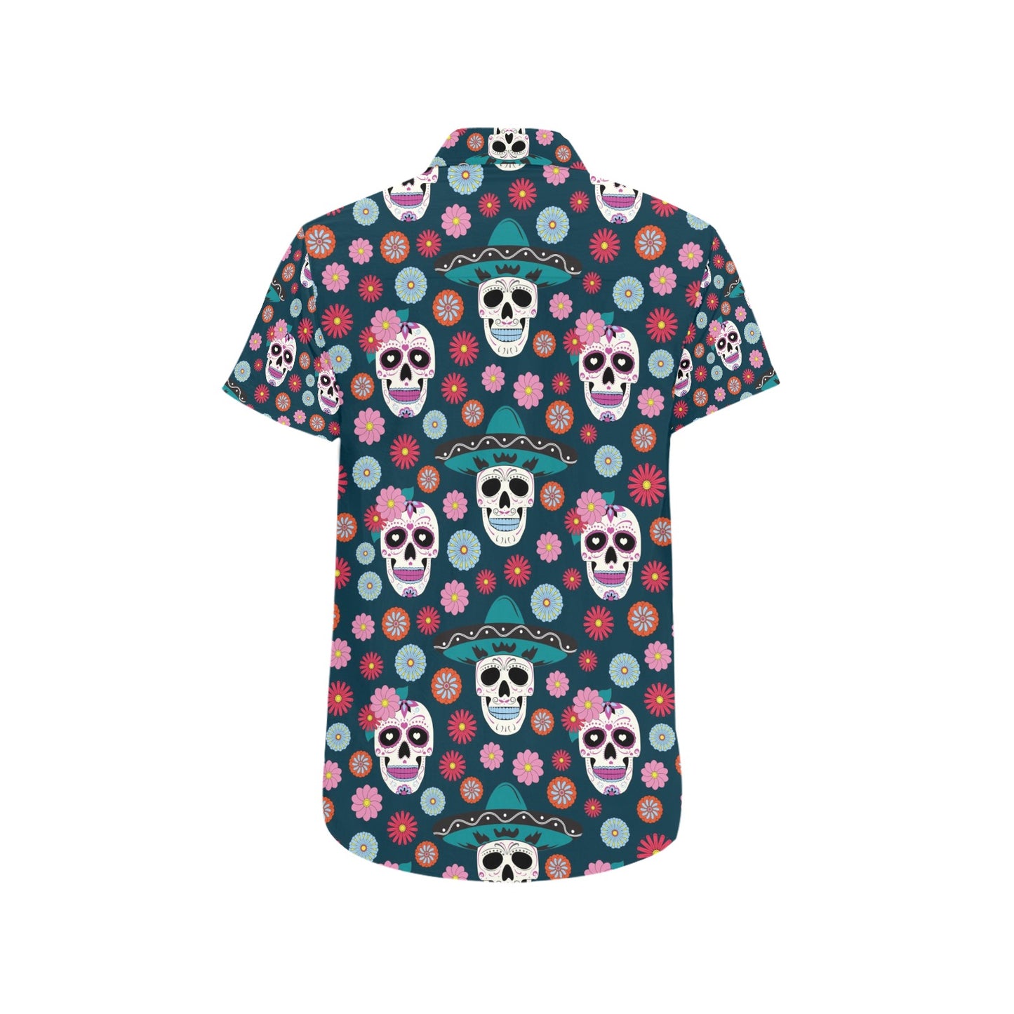 Sugar Skull Print Design LKS308 Men Short Sleeve Button Up Shirt