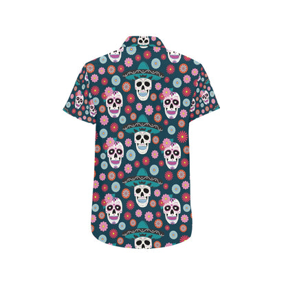 Sugar Skull Print Design LKS308 Men Short Sleeve Button Up Shirt