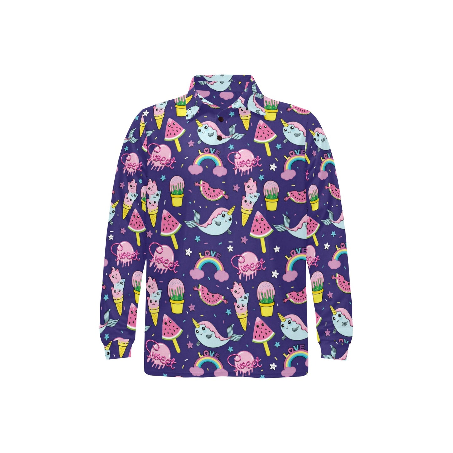 Narwhal Cute Pattern Print Design 02 Long Sleeve Polo Shirt For Men's