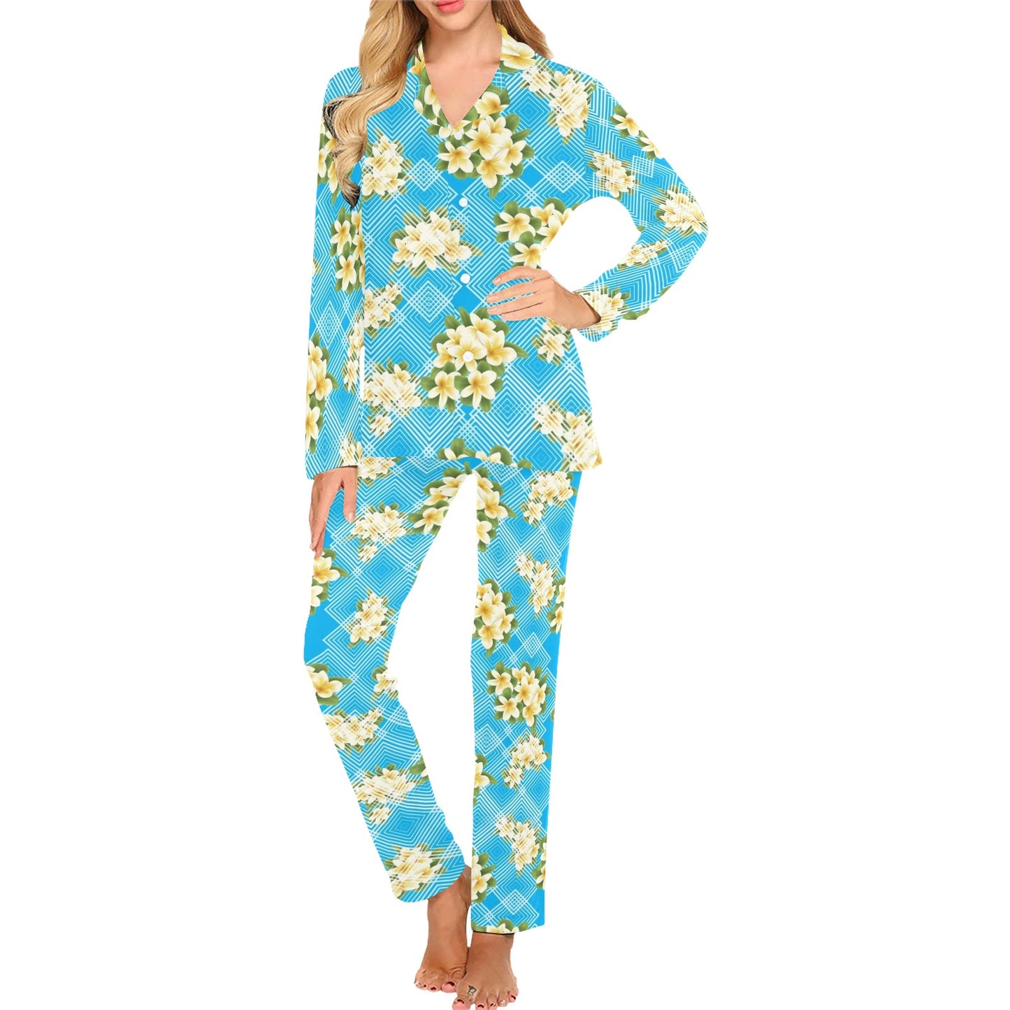Yellow Plumeria Design Print Pattern Women's Long Pajama Set