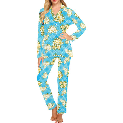 Yellow Plumeria Design Print Pattern Women's Long Pajama Set