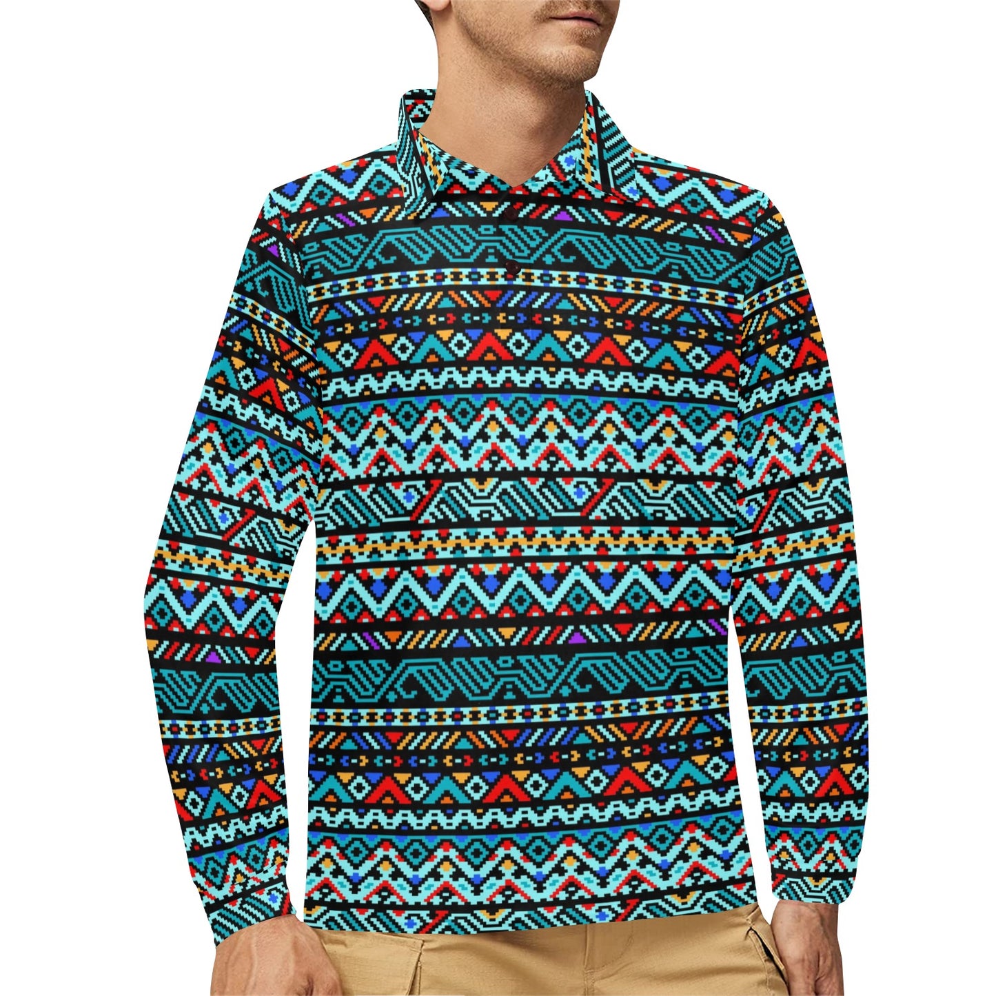 Southwestern Style Long Sleeve Polo Shirt For Men's