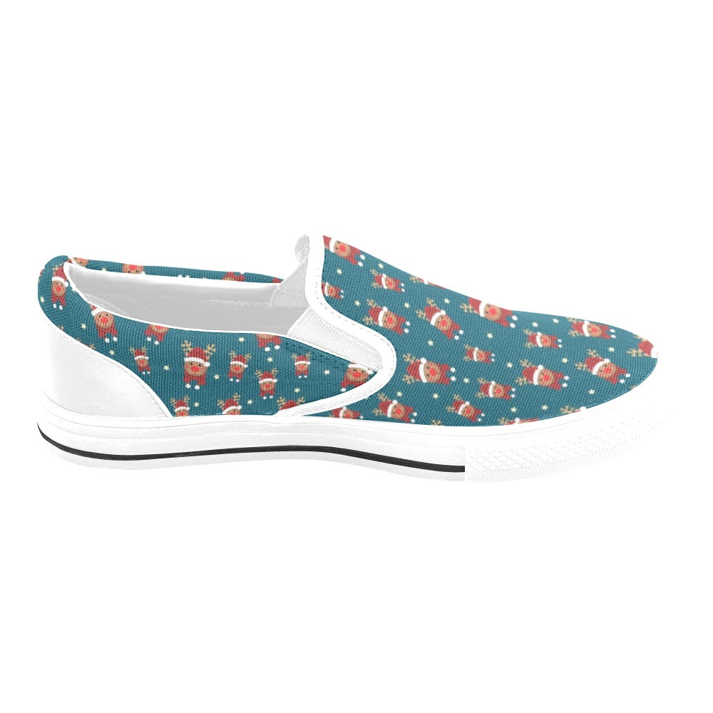 Reindeer Print Design LKS406 White Slip Ons Canvas Women's Shoes