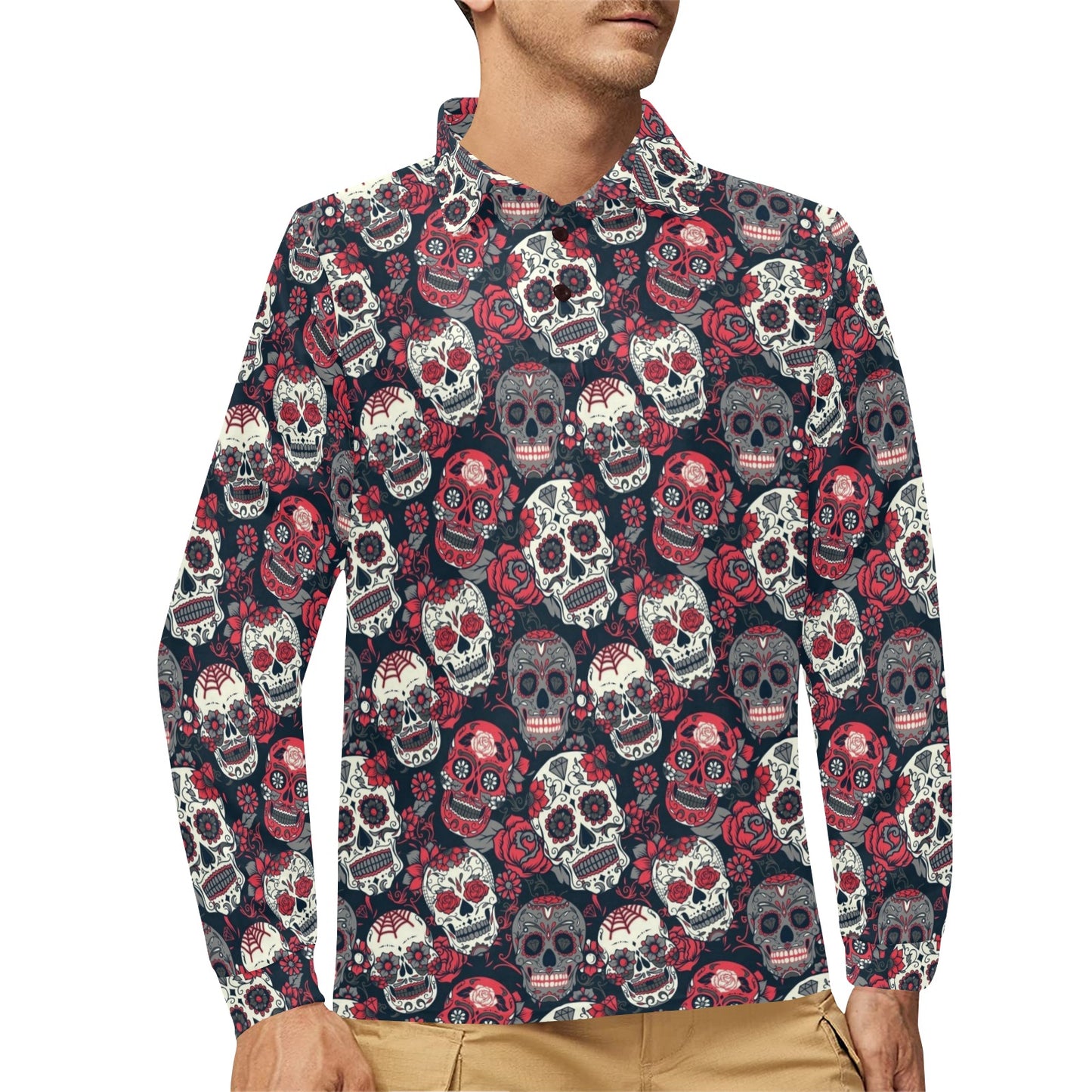 Sugar Skull Print Design LKS303 Long Sleeve Polo Shirt For Men's