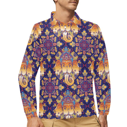 Ganesha Pattern Print Design 01 Long Sleeve Polo Shirt For Men's