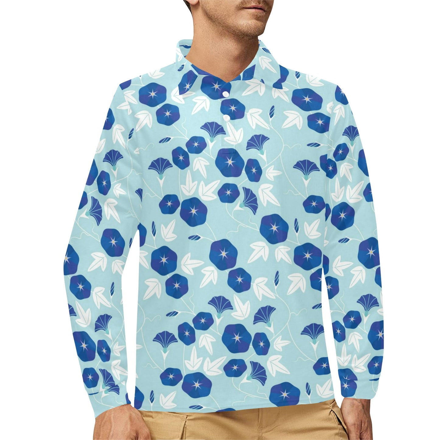 Morning Glory Pattern Print Design MG07 Long Sleeve Polo Shirt For Men's