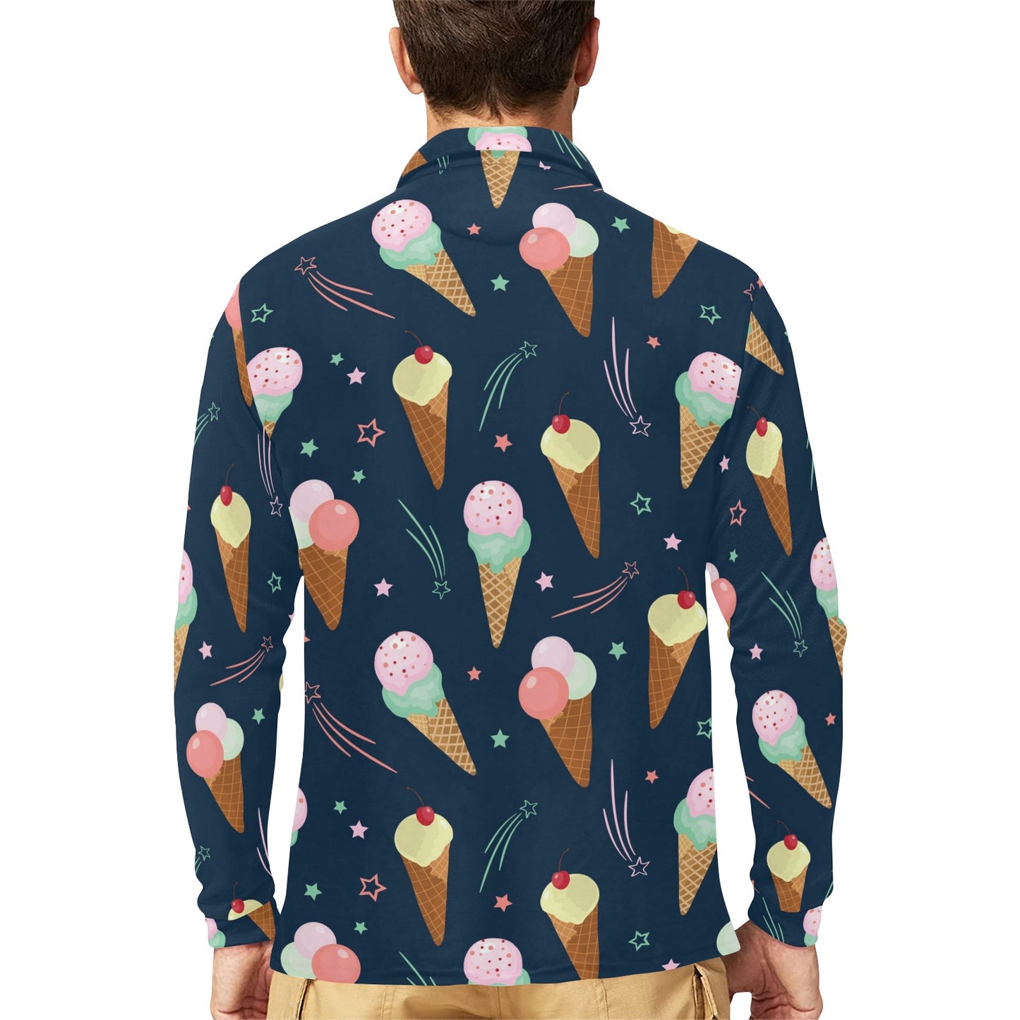 Ice Cream Pattern Print Design 04 Long Sleeve Polo Shirt For Men's