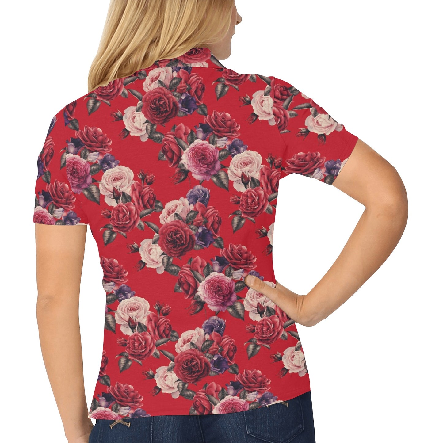 Rose Red Pattern Print Design RO07 Women's Polo Shirt