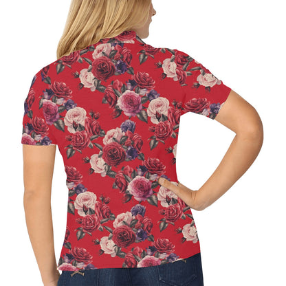 Rose Red Pattern Print Design RO07 Women's Polo Shirt