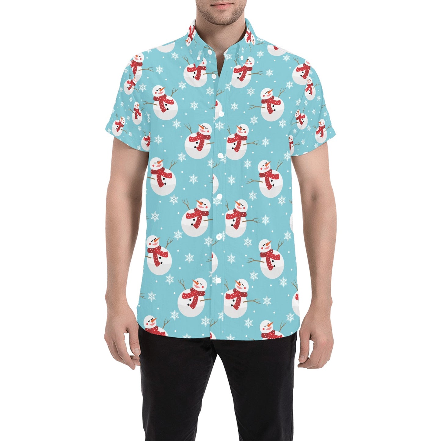 Snowman Print Design LKS304 Men Short Sleeve Button Up Shirt