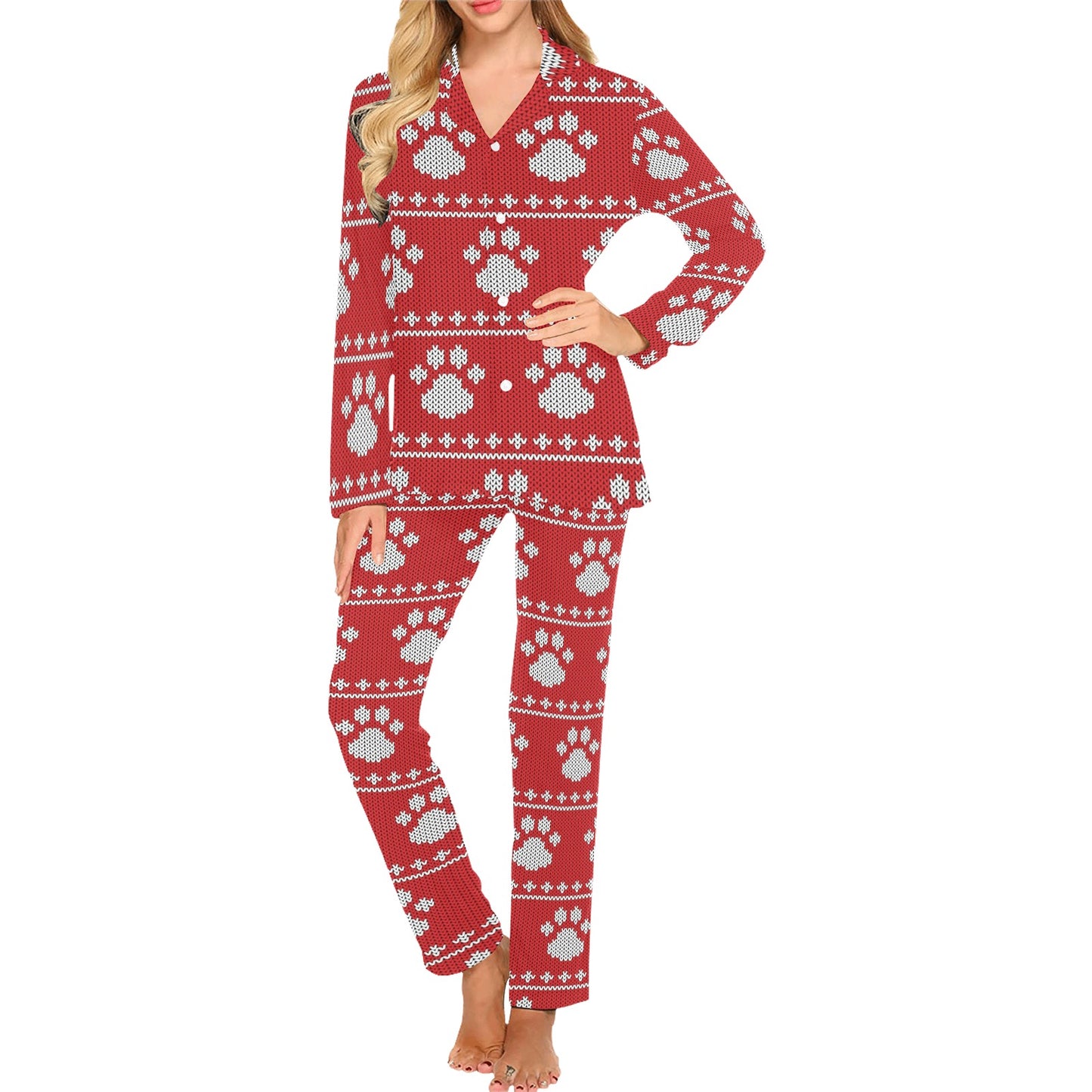 Knit Paw Pattern Print Design 03 Women's Long Pajama Set