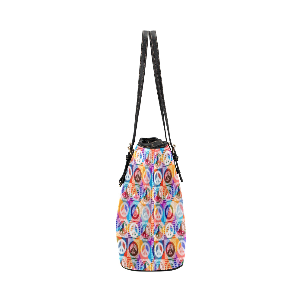 Peace Sign Patchwork Design Print Leather Tote Bag