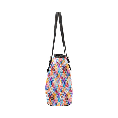 Peace Sign Patchwork Design Print Leather Tote Bag