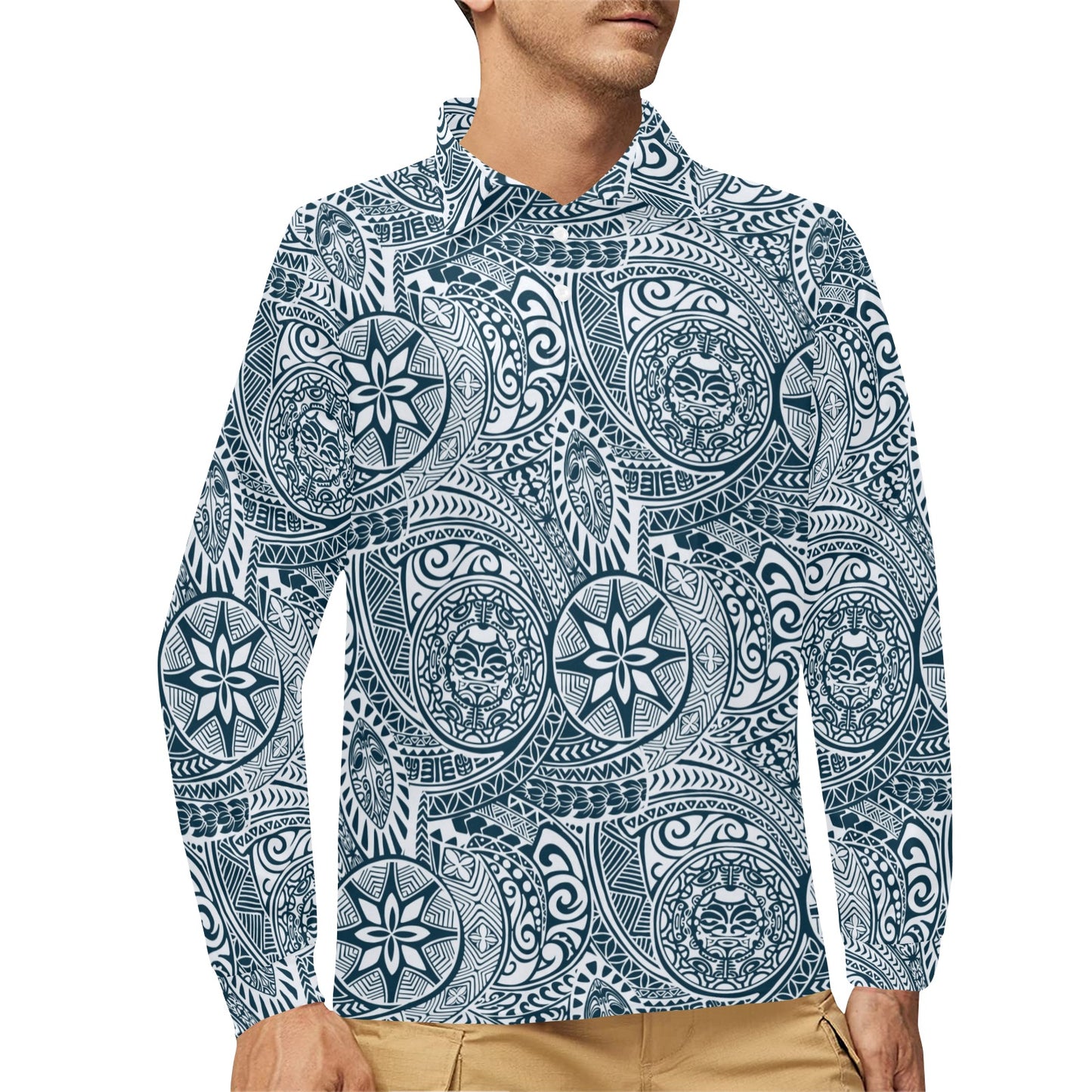 Samoan Pattern Print Design LKS306 Long Sleeve Polo Shirt For Men's
