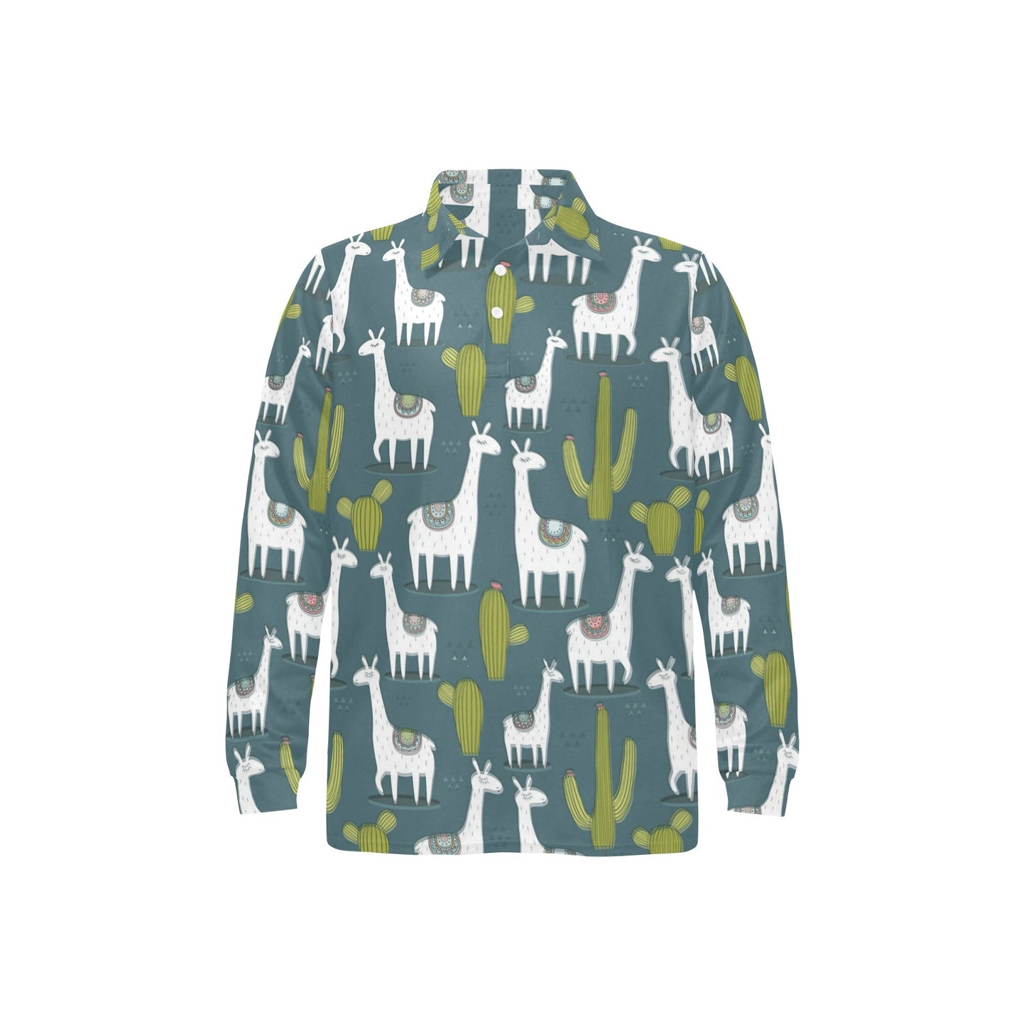 Llama Cactus Pattern Print Design 03 Long Sleeve Polo Shirt For Men's