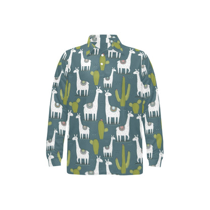 Llama Cactus Pattern Print Design 03 Long Sleeve Polo Shirt For Men's