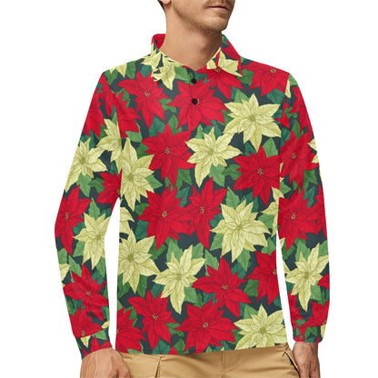 Poinsettia Pattern Print Design POT06 Long Sleeve Polo Shirt For Men's