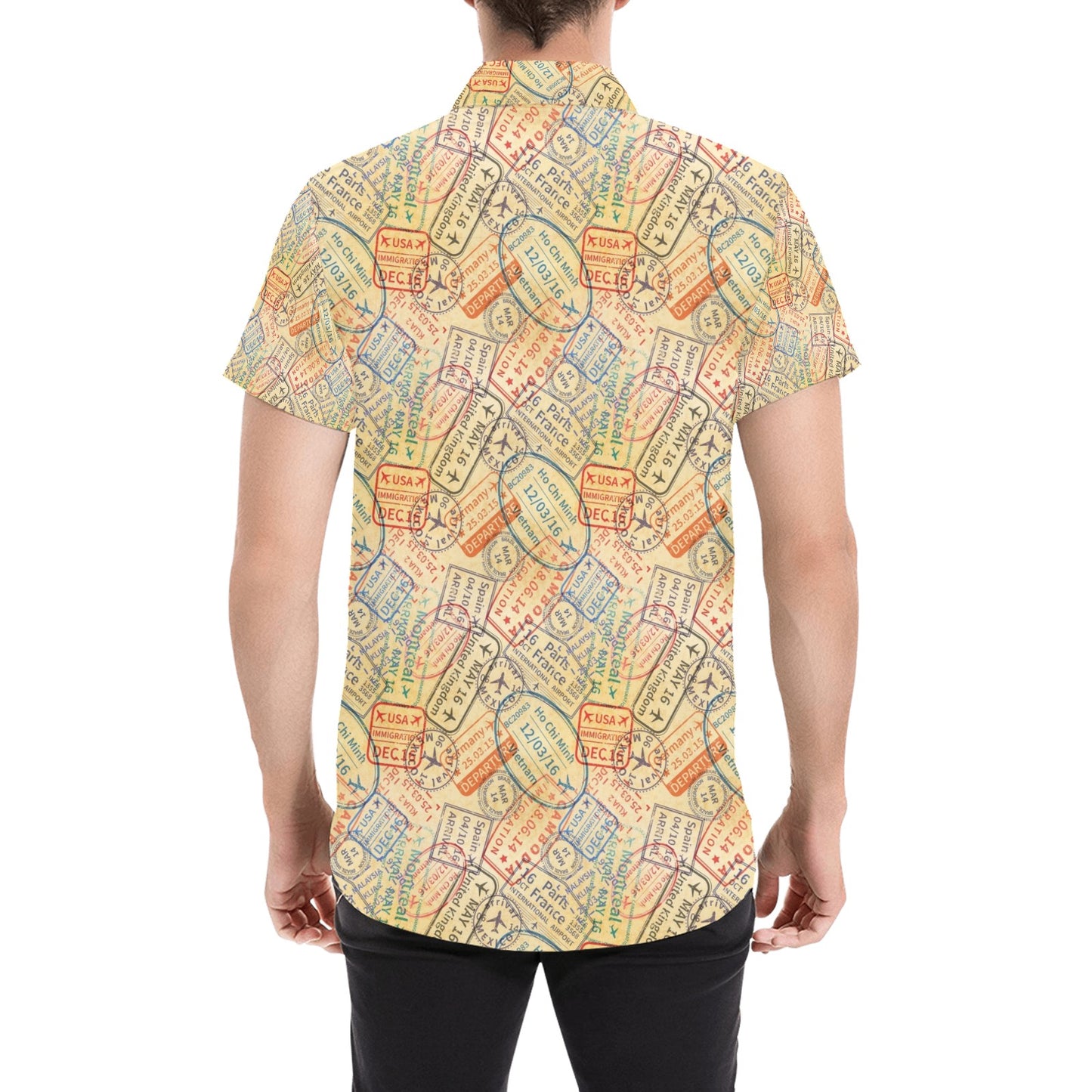 Travel Stamp Print Design LKS302 Men Short Sleeve Button Up Shirt