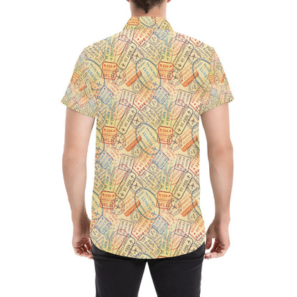 Travel Stamp Print Design LKS302 Men Short Sleeve Button Up Shirt