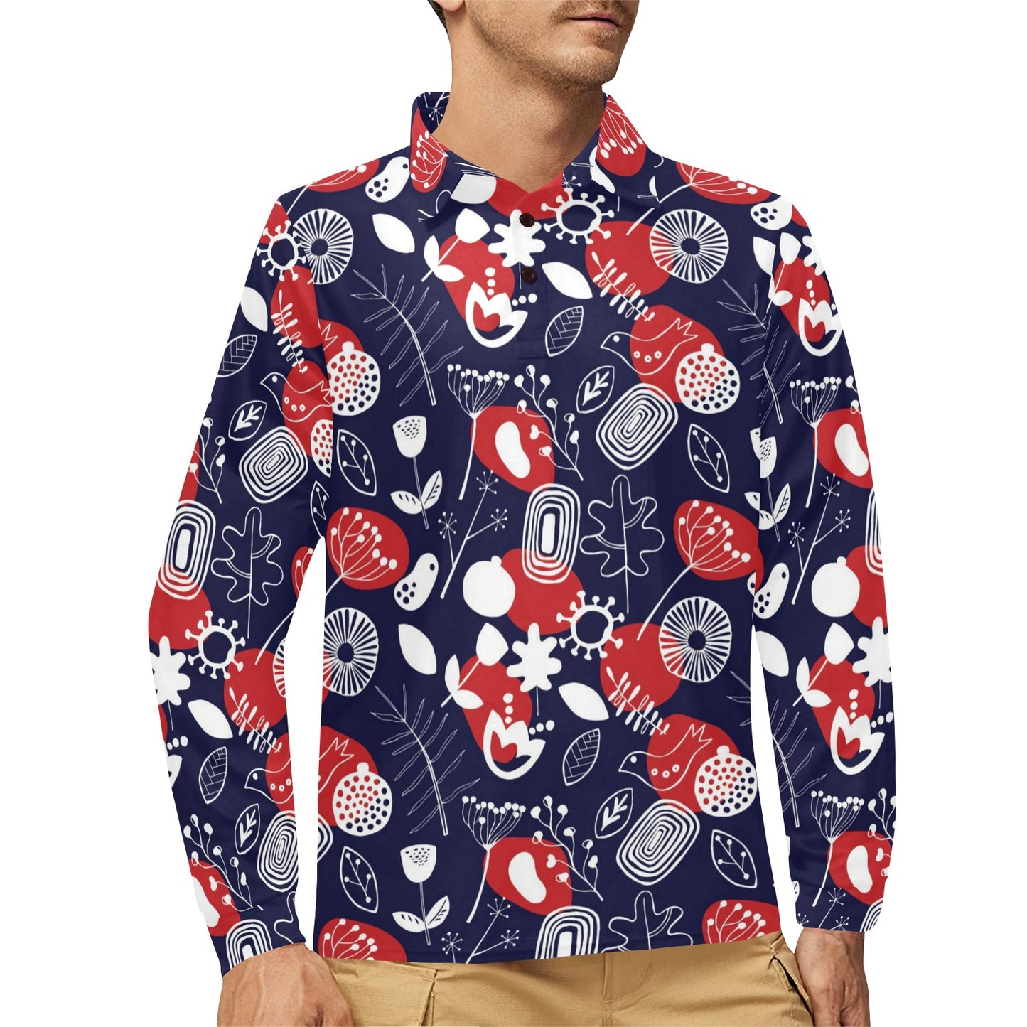 Nordic Pattern Print Design A02 Long Sleeve Polo Shirt For Men's