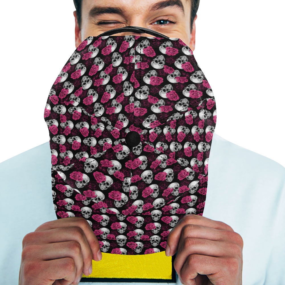 Pink Rose Skull Themed Print Snapback Cap