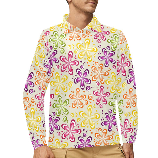 Flower Power Colorful Design Print Long Sleeve Polo Shirt For Men's