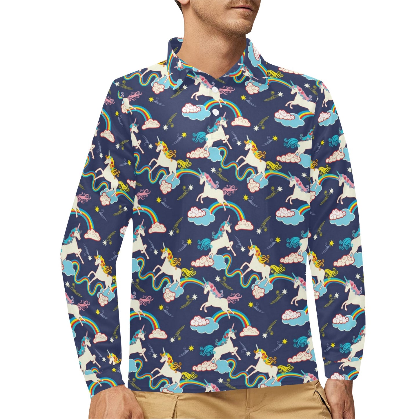 Unicorn Print Design LKS304 Long Sleeve Polo Shirt For Men's
