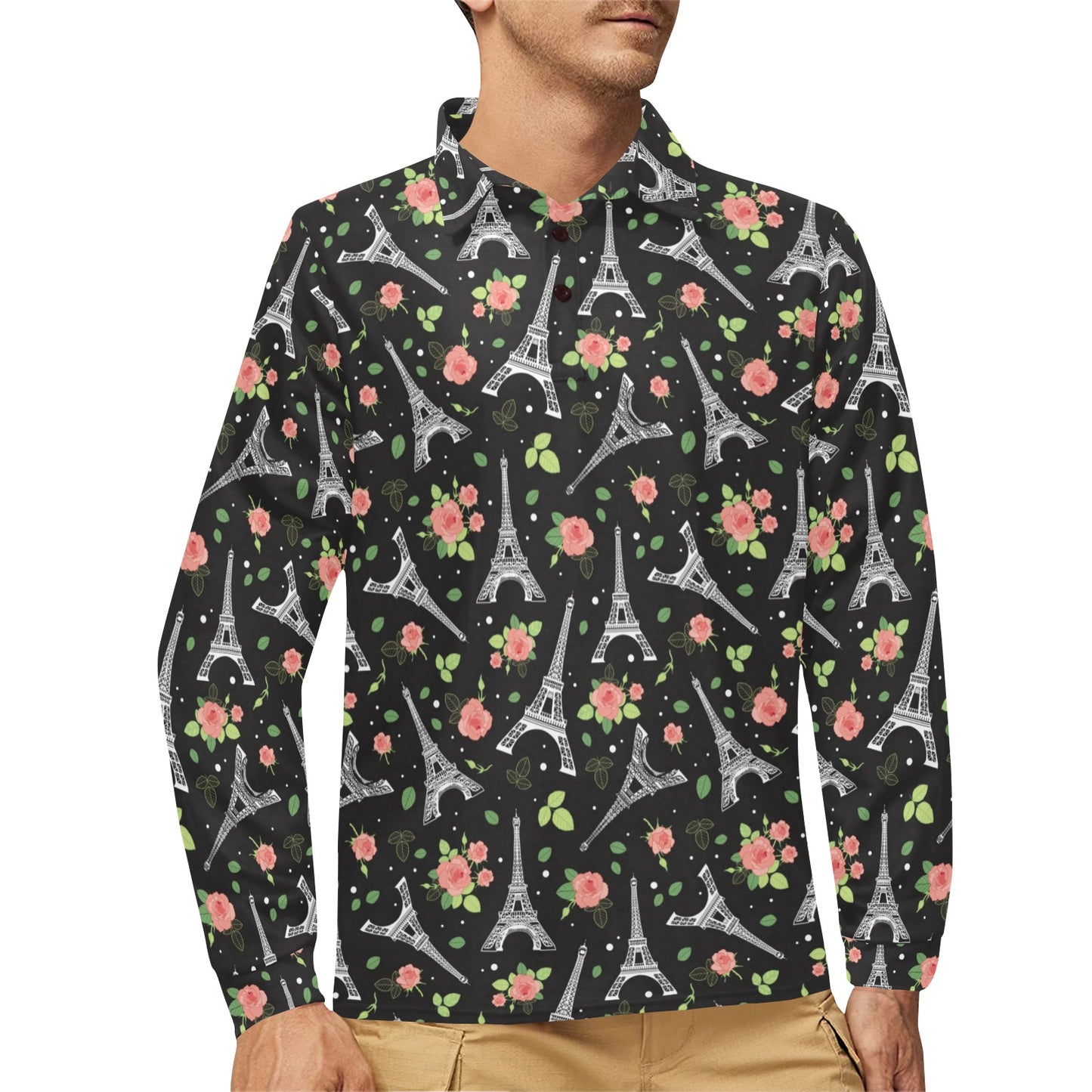Eiffel Tower Rose Print Long Sleeve Polo Shirt For Men's