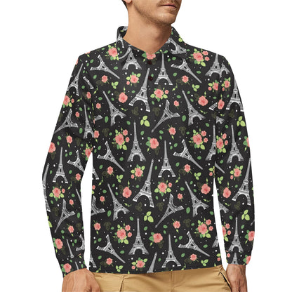 Eiffel Tower Rose Print Long Sleeve Polo Shirt For Men's