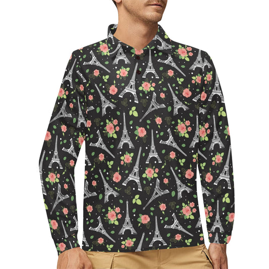 Eiffel Tower Rose Print Long Sleeve Polo Shirt For Men's