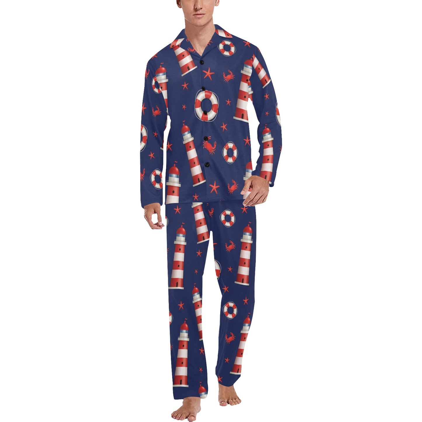 Nautical Pattern Print Design A03 Men's Long Pajama Set