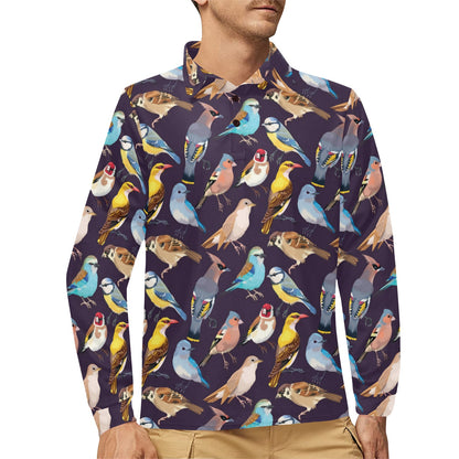 Bird Cute Print Pattern Long Sleeve Polo Shirt For Men's
