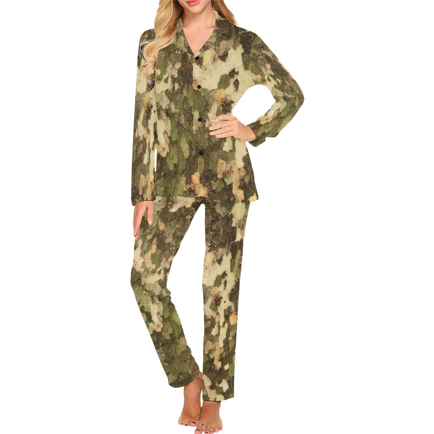 Camo Realistic Tree Texture Print Women's Long Pajama Set
