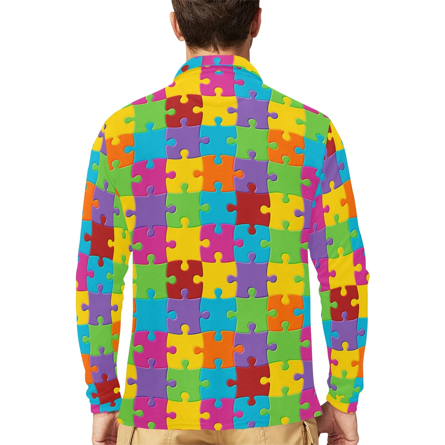 Autism Awareness Pattern Print Design 02 Long Sleeve Polo Shirt For Men's