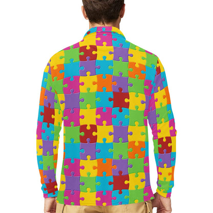Autism Awareness Pattern Print Design 02 Long Sleeve Polo Shirt For Men's