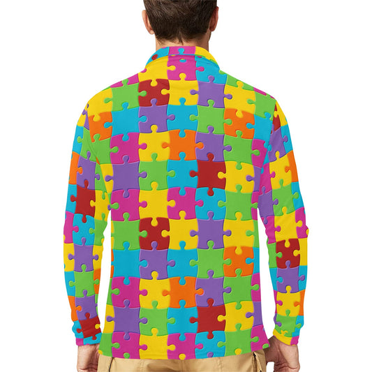 Autism Awareness Pattern Print Design 02 Long Sleeve Polo Shirt For Men's